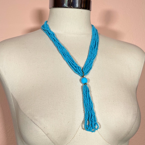 Vintage Jewelry - Vintage 40’s Blue Beaded Festival Southwestern Beach Retro Tassel Necklace
